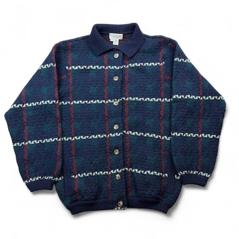 Vintage 1990s Wool Cardigan Sweater Plaid Tricots St Raphael Navy Sz L